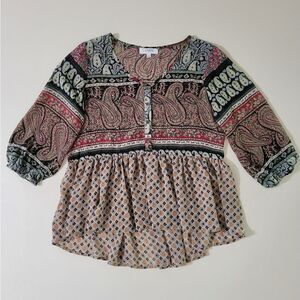 Umgee Women's Floral Paisley Print Semi-Sheer Babydoll Top